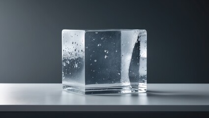 Expansive melting block of ice on a white tabletop with a gray setting.