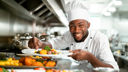 African American chef smiling while presenting a plated dish in a kitchen  