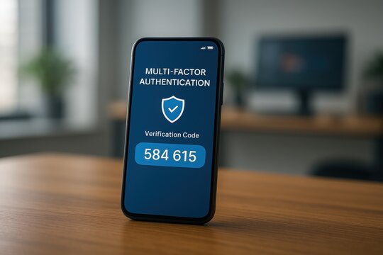 Data protection multi-factor concept. A smartphone displaying a multi-factor authentication screen with a verification code, set against a blurred office background.