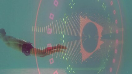 Underwater swimmer with animation overlaying digital data visualization in pool - Powered by Adobe