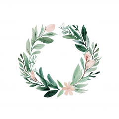 A beautiful watercolor wreath featuring lush green leaves and delicate pink flowers, perfect for decorative purposes and botanical designs.