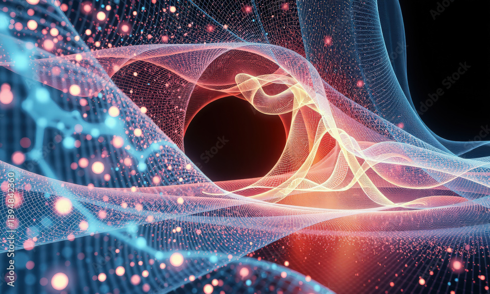 Poster mesmerizing abstract representation of flowing waves and particles, showcasing vibrant colors and in