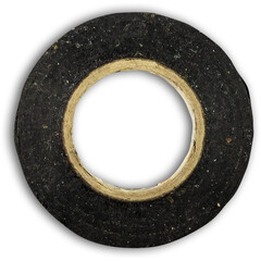 A circular roll of black tape with a central hole, commonly used for various binding or insulating purposes.
