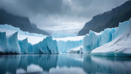 Selbstklebende Fototapeten Colossal glacier converges with the waters of a fjord © -Quantum Pixels-