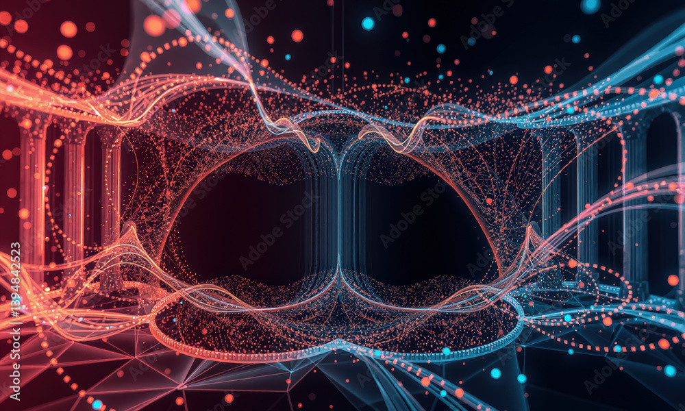 Poster vibrant abstract visualization featuring flowing lines and dots in red and blue, creating dynamic an
