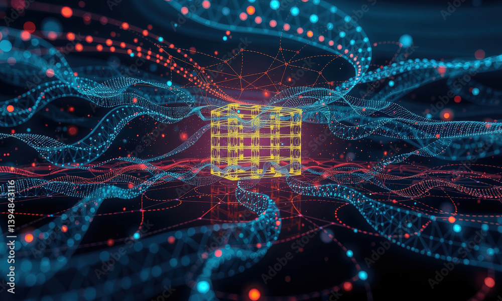 Poster vibrant digital representation of cube surrounded by flowing lines and dots, showcasing spatial visu