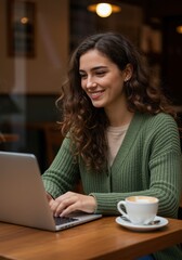 Smiling freelancer working on laptop in cozy cafe with cappuccino