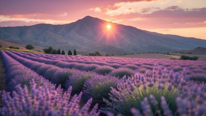 Lavender Field Featuring Mountains The