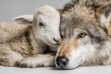 Wolf and lamb peacefully resting together in unexpected harmony