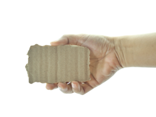 Female hand holding brown torn paper isolated on white background with clipping path.