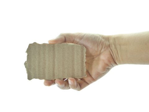 Female hand holding brown torn paper isolated on white background with clipping path.