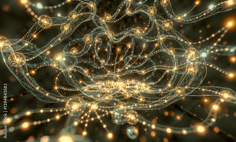 Poster mesmerizing digital visualization of interconnected glowing orbs and flowing lines, creating sense o