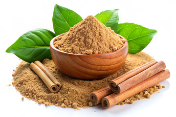 Chandan Powder with Smooth Sandalwood Sticks and Vibrant Green Leaves, Isolated on White Background