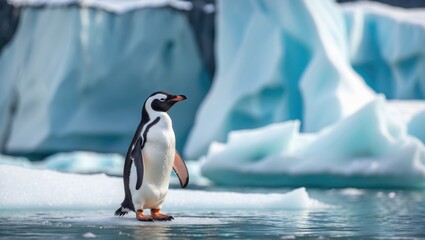 Obraz premium Penguin amidst wildlife, picturesque environment with icebergs