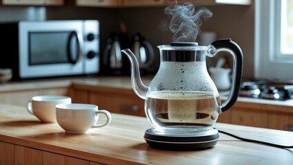 Contemporary electric transparent kettle placed on a wooden kitchen table. Appliance for boiling water and preparing tea. Household devices for hot beverage preparation. Area for text. Space for