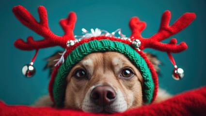 New Year and Christmas scenario with a Dog adorned in reindeer antlers headband set against a uniform background