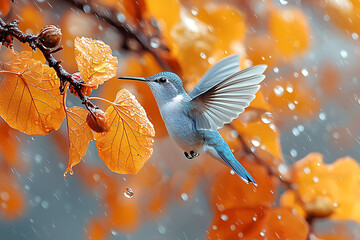 Naklejka premium A hummingbird in flight, wings outstretched, hovers near rainsoaked autumn leaves.