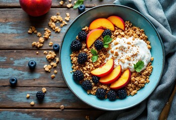 Delicious granola with yogurt, peach slices, and blackberries creating a healthy breakfast