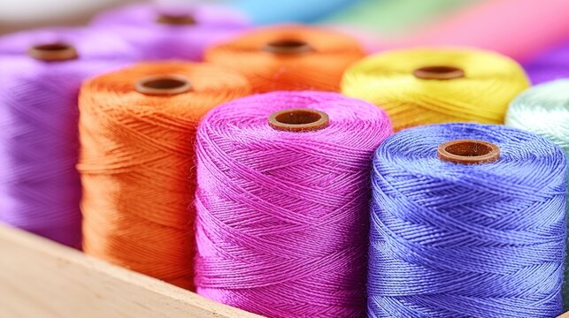 Vibrant spools of thread in wooden box, colorful crafting texture background - Powered by Adobe