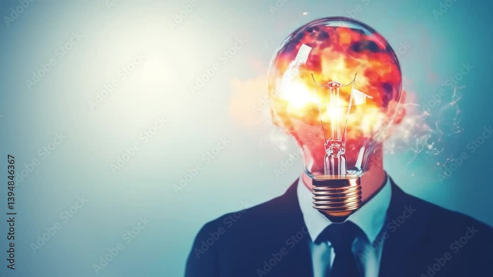 Poster Brilliant Spark: A modern artistic rendering of a person with a lightbulb head, ablaze with ideas and innovation, on a blue background. The image is a symbol of the power of thought and creativity. 