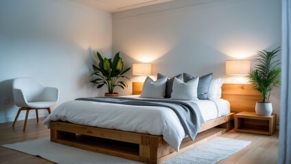 A warm bedroom showcasing a wooden platform bed adorned with white linen bedding and grey throw pillows. A solitary white chair and a wooden nightstand enhance the minimalist aesthetic.