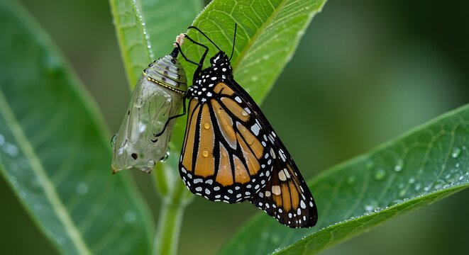 Monarch Butterfly Emerging From Chrysalis on Leaf with Water Droplets