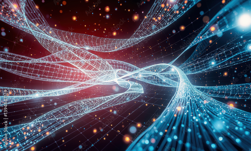 Poster mesmerizing digital landscape featuring flowing lines and glowing particles, creating sense of depth