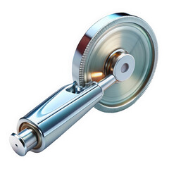 A close-up view of a shiny metallic wheel and handle mechanism, showcasing intricate details and reflections, emphasizing a sense of precision and engineering.