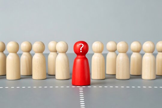 A lone red figure, marked with a question, stands apart from a crowd of identical wooden figures on a simple grey background.