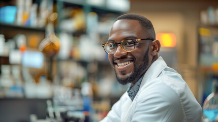 Fototapeta premium African American pharmacologist smiling in a laboratory environment. 