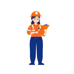 Fototapeta premium A worker wearing an orange safety vest and helmet, holding a clipboard. Ideal for illustrating occupational safety, construction, or industry-related themes.