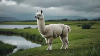 Fototapeta premium One llama from Bolivia along the border of countries