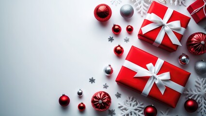 Joyful Holidays greeting card, frame, banner. gifts, presents on white background seen from above. Winter holiday theme. Flat lay.
