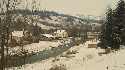 Obraz premium Snowy river valley houses winter landscape