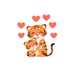 Cute illustration of a mother tiger and her cub sharing a loving moment surrounded by hearts, perfect for expressing affection and bonding in a playful style.