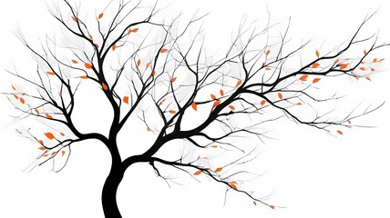 Bare tree branches in black-and-white with a single splash of fiery orange leaves, poetic and elegant