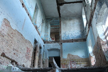 A destroyed house inside without ceilings and stairs. Vandalism, war, devastation