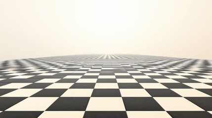 Naklejka premium Endless black-and-white checkered floor stretching into the distance, creating a hypnotic vanishing point in a surreal perspective.