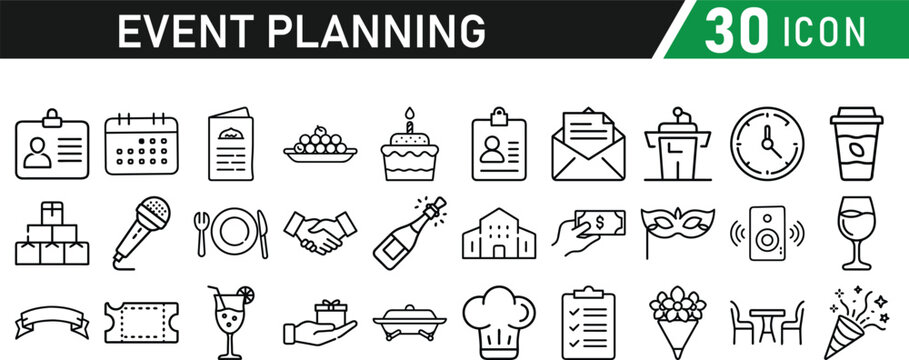 Events and Planning icon set. Includes balloon, confetti, party hat, gift, event ticket, decoration, and more. Editable stroke. Vector illustration