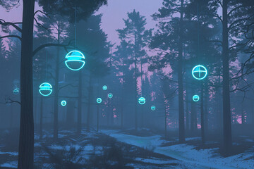 Obraz premium Neon cyber-forest with robotic branches and hovering AI orbs 8K ultra detail