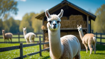 Fototapeta premium Domestic Llama on a Farm - Photo featuring a llama with a softly out-of-focus scenery of grass and trees.