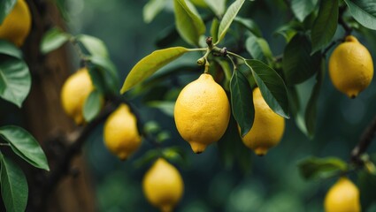 Close-up of citrus lemon growing on a tree branch.