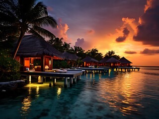Fototapeta premium Tropical Sunset Overwater Bungalows