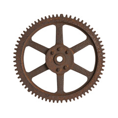Obraz premium Rusty metal gear on a white isolated background, showcasing the texture and wear of time. Perfect for industrial concepts or vintage machinery themes.
