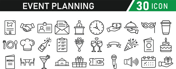 Events and Planning icon set. Includes balloon, confetti, party hat, gift, event ticket, decoration, and more. Editable stroke. Vector illustration
