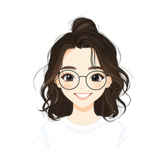 Obraz premium Smiling young woman with curly hair and glasses, portrayed in a friendly and cheerful manner, white isolate background.