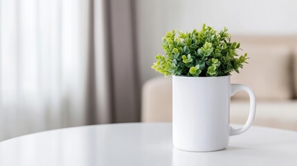 Fototapeta premium Small plant in white mug on white table