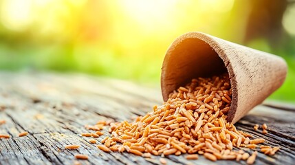 Spilling grains on weathered wood, blurred garden background, for healthy recipes or food promotions