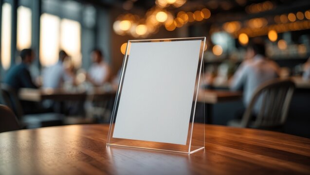 Mark the blank menu holder in the eatery. Acts as a booklet with a white sheet of paper acrylic tent card placed on a table set against a blurred background, suitable for inserting text or pictures.
