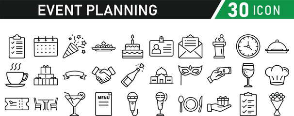 Events and Planning icon set. Includes balloon, confetti, party hat, gift, event ticket, decoration, and more. Editable stroke. Vector illustration